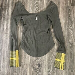 We The Free Olive Long Sleeve Top with Yellow Cuffs